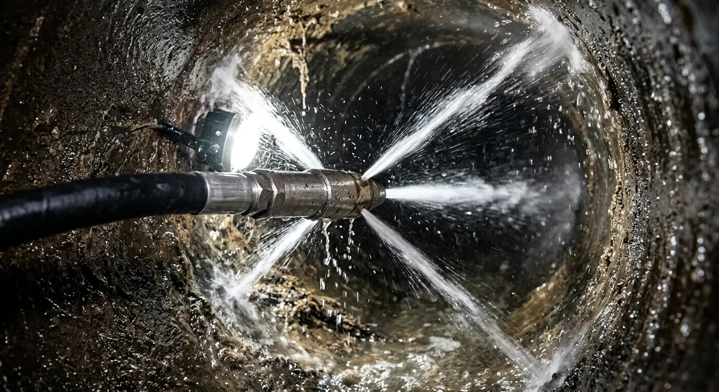 High-pressure hydro jetting nozzle cleaning sewer pipe for Emergency Drain Service in Innsbrook
