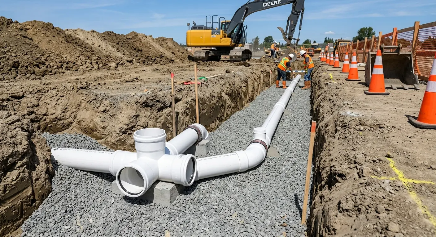 New PVC sewer pipe installation in open trench for Commercial Drain Cleaning in Innsbrook