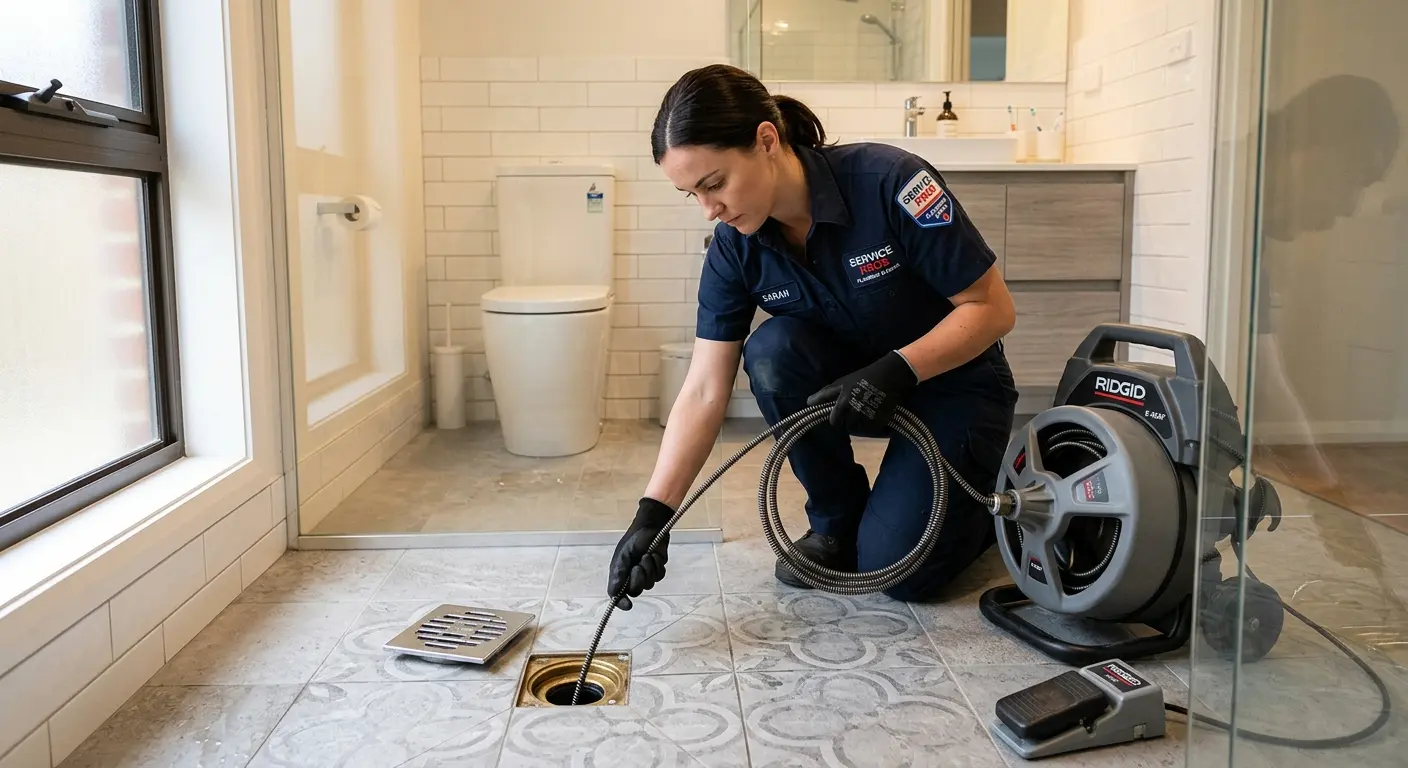 Technician clearing a bathroom floor drain for Sewer Line Replacement in Innsbrook
